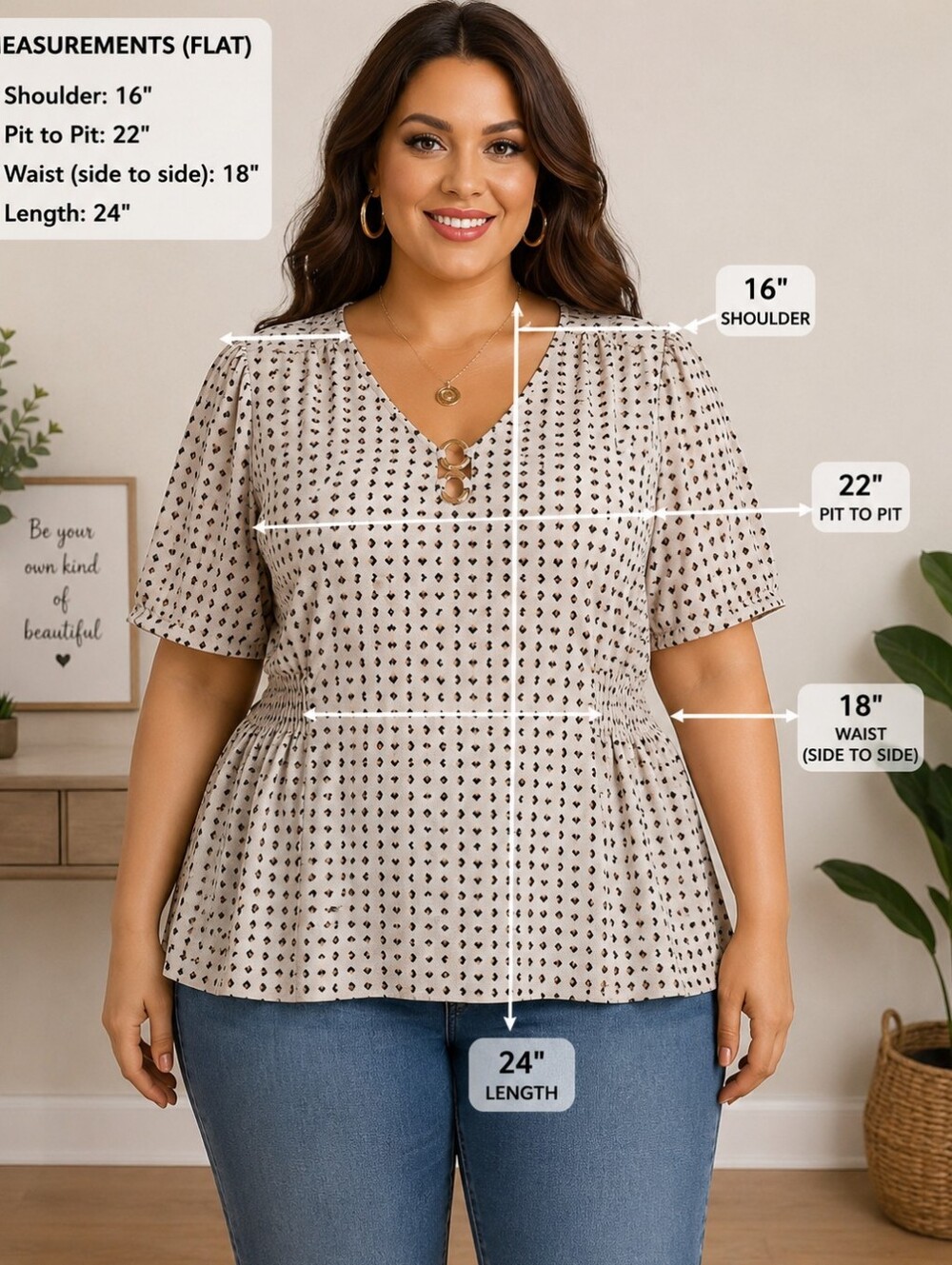 A.G.W. 2X Cream Black Print Cinched Waist Peplum Blouse Ring Detail Plus
